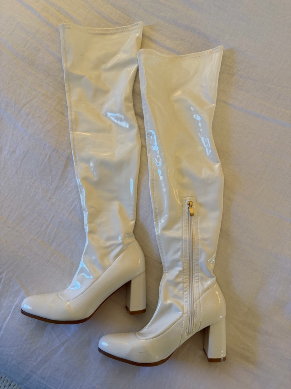 White Patent Over-the-Knee Block Heel Boots
